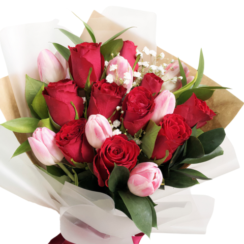 Red roses and Pink tulips Bouquet